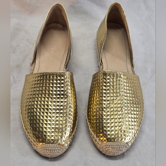 Jimmy Choo Shoes - Jimmy Choo 39 Dreya Gold Cubed Mirror D'Orsay Leather Espadrille Flat Shoe EUC